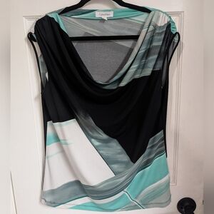 Calvin Klein Black, Aqua & White Draped Cowl Neck Tank